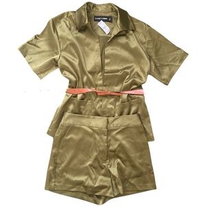 Gabrielle Union Silky Open Front Jacket And High Rise Shorts Chartreuse Green